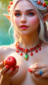 Bella ragazza elfo nudo dal seno grande con acerola