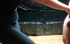 This time i had no mercy for my slave. I took his little cock out of his pants and tied it
