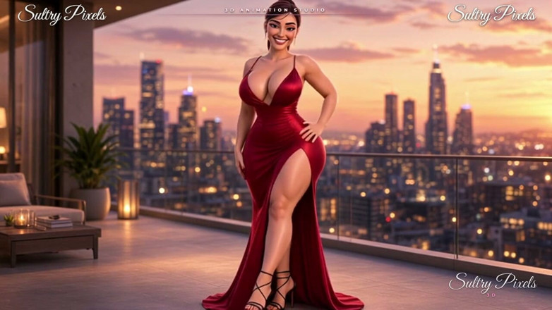 Sultry Pixels 3D: Elegantní brunetka s chlupatou buchtou se svléká na terase - Šaty do...