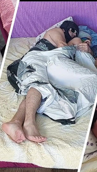 Massagem sensual de um casal quente com óleo no corpo. Preliminares no quarto com um casal amador.