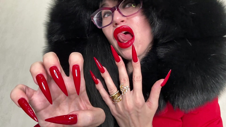 Julia domaina: Red Long Nails, Claws and Fur, Red Underwear, Stockings with...