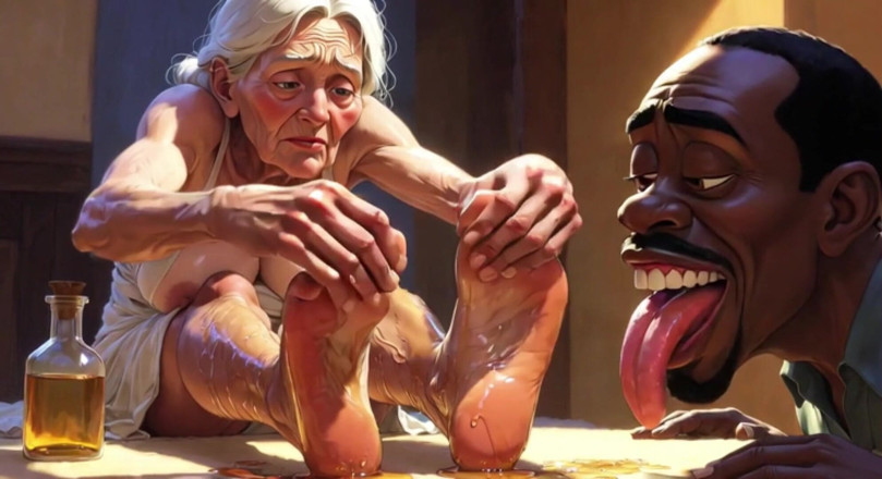 Anime Hentai: Old Granny Foot Worship - Man Licking Oiled Wrinkled Soles