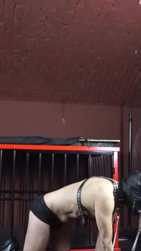 Dominatrix Commands Bound Slave in Cage