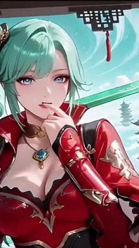 The Red-clad Blade's Private Tease! Green-haired Warrior in a Black-red Battle Robe, Commanding yet Shy on the Floating Terrace.
