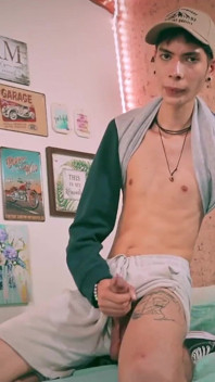 Sport Twink Magic C Jerking His Big Cock Through the Side of His Shorts
