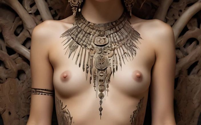 AI Girls: 一个美丽的年轻女人在骨头和鲜花宝座上的艺术裸体与部落的光芒 |Ai Fantasy幻灯片