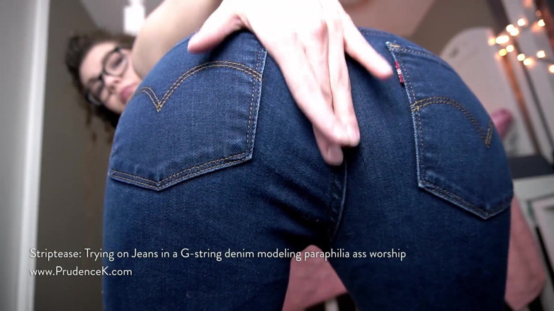 Prudence K Hairy & Shaving Fetish: Striptease: Trying on jeans in a g-string denim modeling paraphilia...
