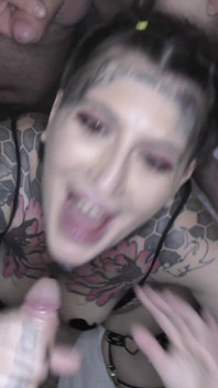 Hot Babe with an Amazing Tattoed Body Enters a Bukkake Party