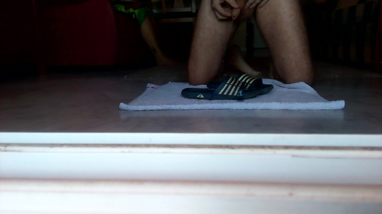 Sex hub male: John is peeing on the bathing slippers on the floor