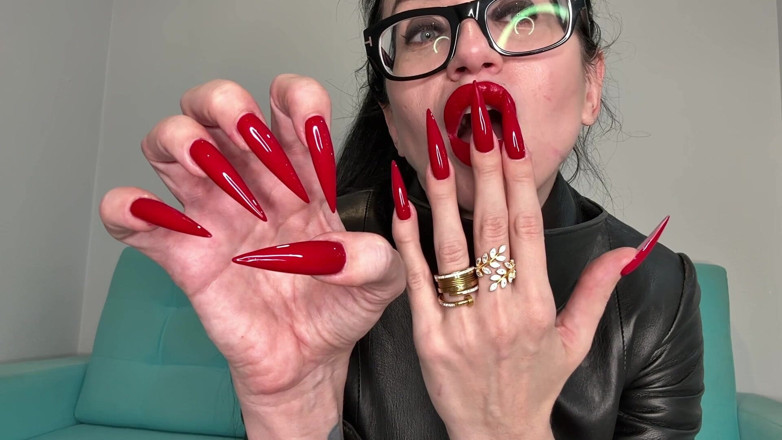 Julia domaina: Red Long Nails, Claws and Tight Long Leather Coat on...