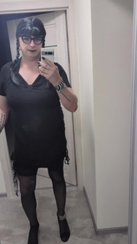 Sissy in Chastity Dances in Stockings & Heels with Big Fake Tits - Wednesday Addams Cosplay