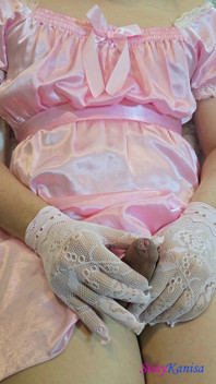 Sissy Kanisa Jerking off with Pink Satin Dress and Lace Glove