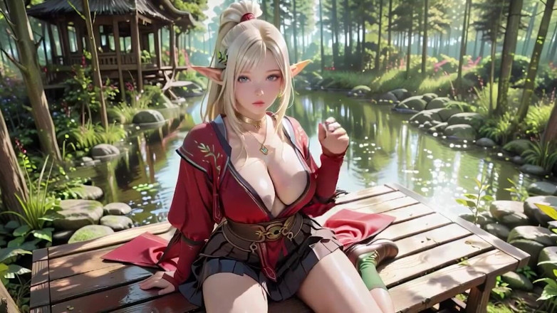 Seraphina Vale: Red Robe Elf Sorceress! Opalony taras leśny, klęczące spojrzenie, które...