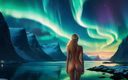 AI Girls: Beautiful Big Breasted Nude Elf Girl Admiring the Northern Lights...