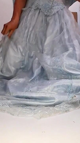 Asian Crossdresser Cum Wearing Satin Wedding Dress Ball Gown