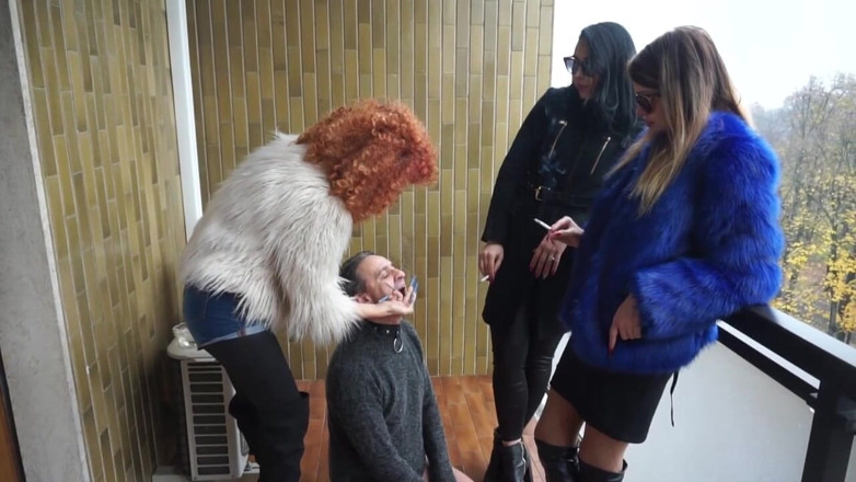 Lady Mesmeratrix Official: Three femdom chicks smoking and using him as ashtrey