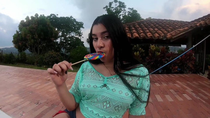 Sara films: Horny slut sucks paddle and shows her tits