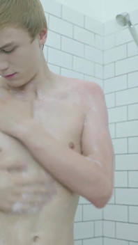 Perfect blond twink emptying his balls in the shower