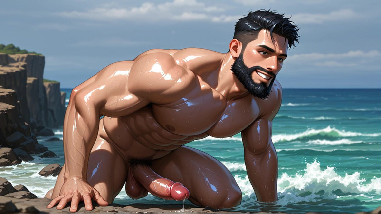 Erotic Man: Korte Ai-video pikken van strandjongens met een baard