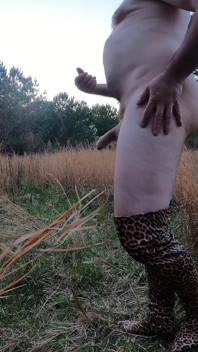 Naked in an Open Field in Ladies Boots Jacking off