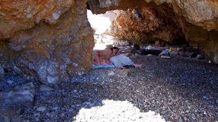 Content Candy: Nasty brunette babe gets a dp on the beach