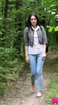 Desperate Brunette in a Forest Holding Her Crotch to Stop Herself From Pissing in Her Jeans