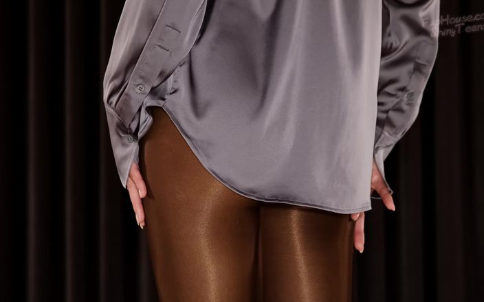 Shiny teens: 894 Shiny Brown Wolford Pantyhose and Grey Silk Shirt