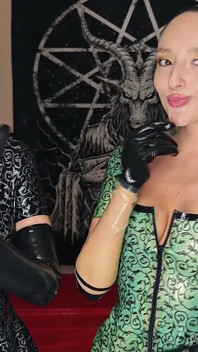 Double Handjob in Latex Gloves From Two Mistresses for a Slave