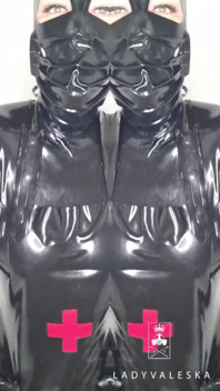 Cum eating for Lady Valeska's rubber clinic