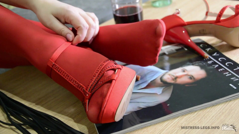 Mistress Legs: Lick my red nylon soles, slave