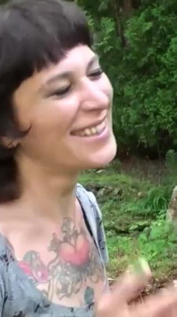 Huge tattooed girl threesome pussy fucking in the park cum in mouth