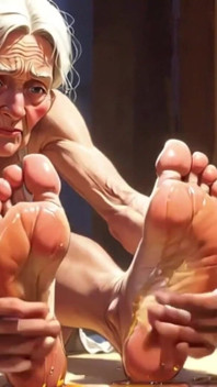 Vecchia nonna adorazione del piede - uomo che lecca le suole rugose oliate