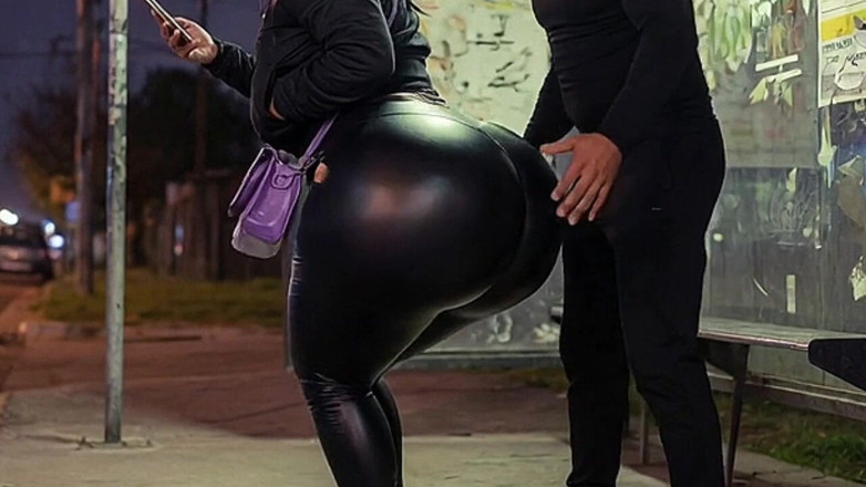 Animate golden: Latina met dikke kont in strakke leren broek bij bushalte...