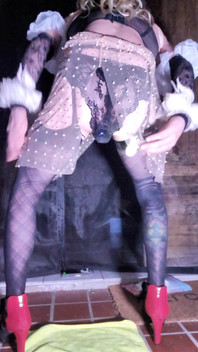 TS Shemale in High Heels Very Sexy Black Stocking Lingerie Showing His Panties Outside