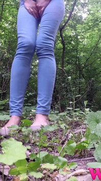 Skinny Brunette in the Woods Desperate to Pee Wet Her Pants