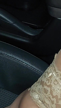 Mature Stepmom with Big Tits in Nylon Stockings Spreads Her Legs in Front of Her Stepson in the Car in Public