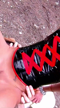 Tied up man outdoor seduced by two horny skinny girls to have sex