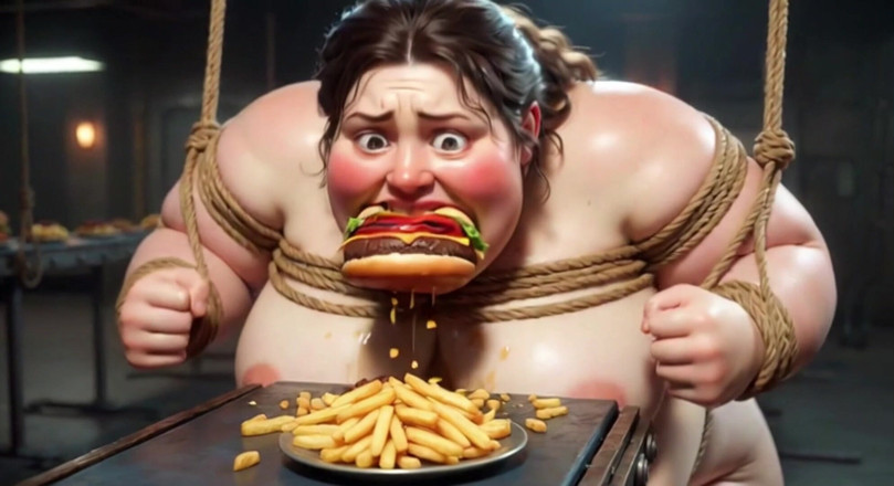 YOUR BEST FANTASY: Tied up SSBBW Eats Massive Meal While Kneeling - Belly Stuffing