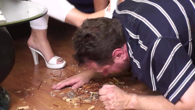 Foot Girls: Feeding him from the floor and their shoes