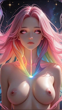 虹の宇宙の美しさと輝くピンクの瞳 ファンタジーポートレートAIアートスライドショー