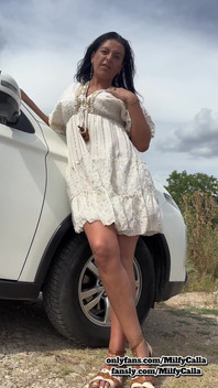 White Dress Tease by the Car Flirty Panty & Bra Reveal with an American MILF