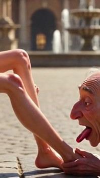 Submissive Man Worshipping Mistress Feet in Public Plaza