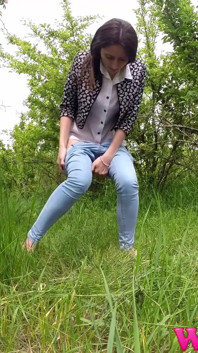 Skinny Desperate Girl Pee in the Grass in the Forest