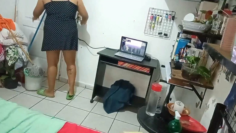 Karmicoxv: My Wife Cleaning the Room in Dress and Thong