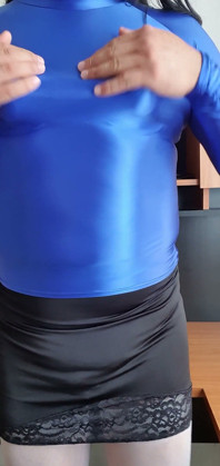 Modeling My Blue Spandex Blouse and Pointy Tits