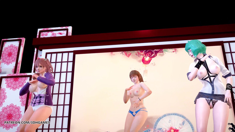3D-Hentai Games: Maskeli kaltak seksi striptiz honoka, katsumi, tamaki. Doa ateşli dans