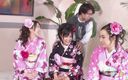 Pure Japanese adult video ( JAV): Three Japanese babes blow a group of men with hairy...