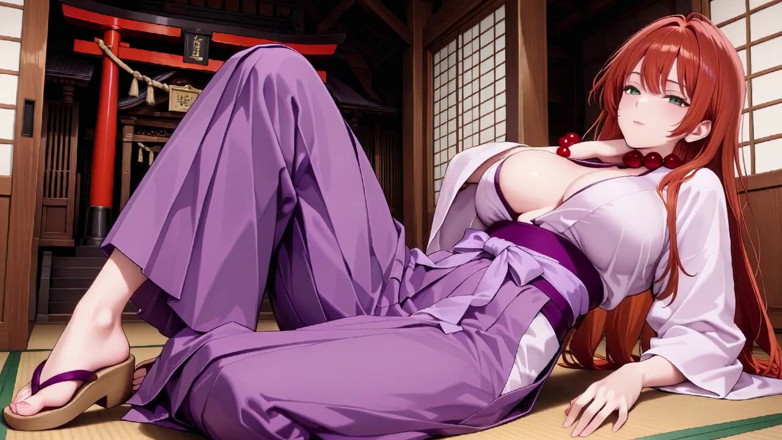 Tay Swift X: Red-haired Miko! Deep V Kimono Soaked, Blooming From Serenity to...