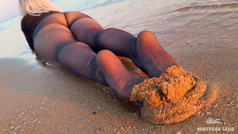 Mistress Legs: Sea Waves Gently Kiss the the Goddess Feet in Black...
