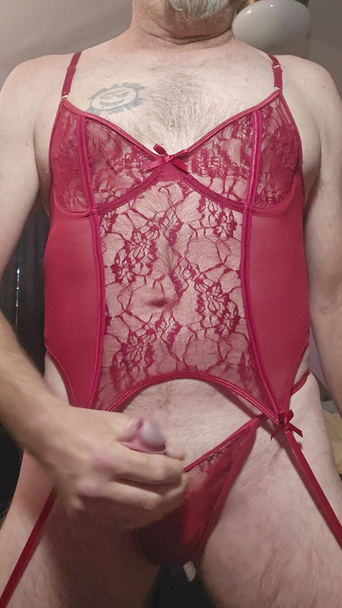 Fantasies in Lingerie: Red Lace Cumshot